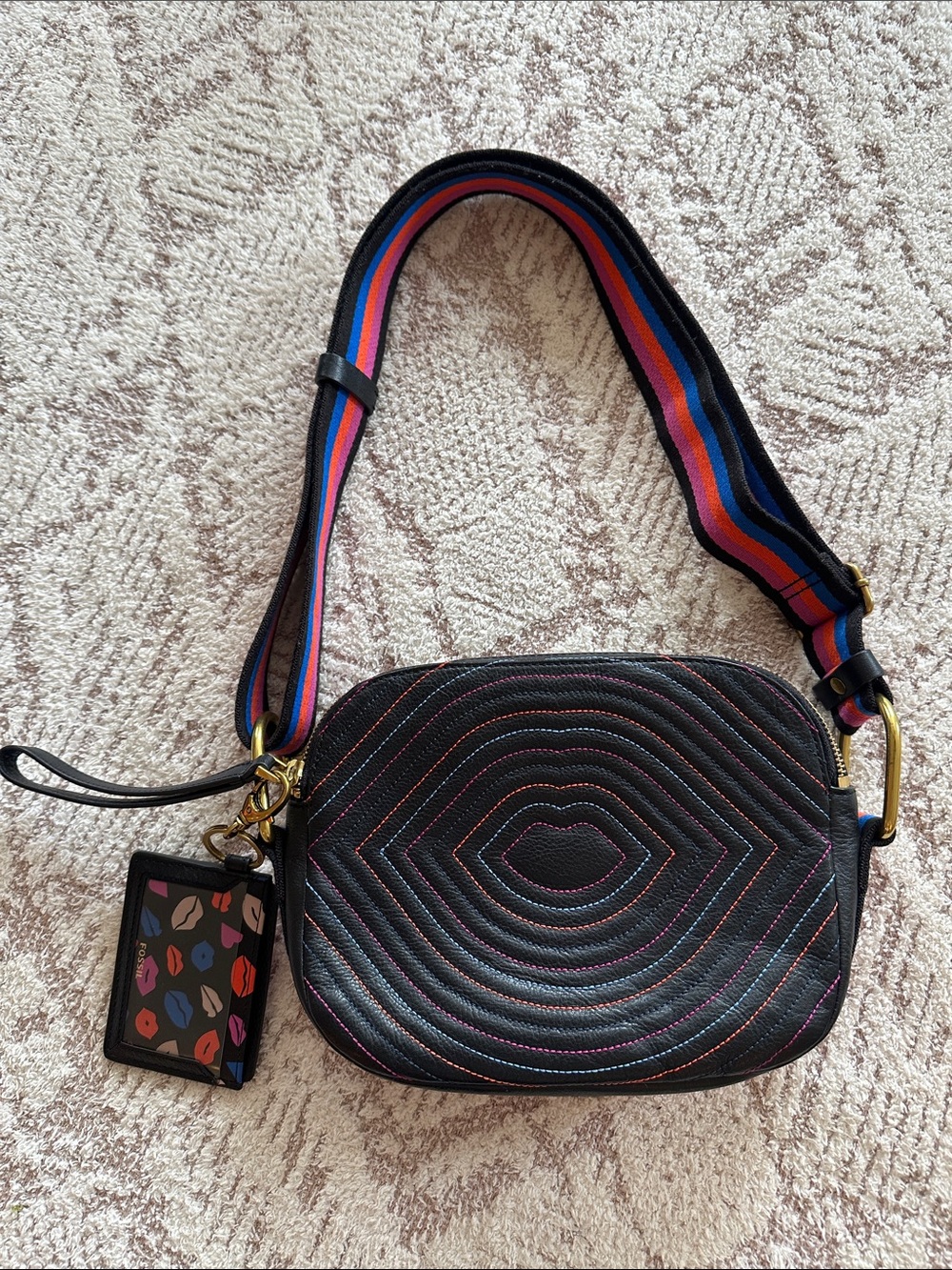 Fossil Rainbow Stitch Leather Crossbody Bag + Lips Card Holder Keychain set